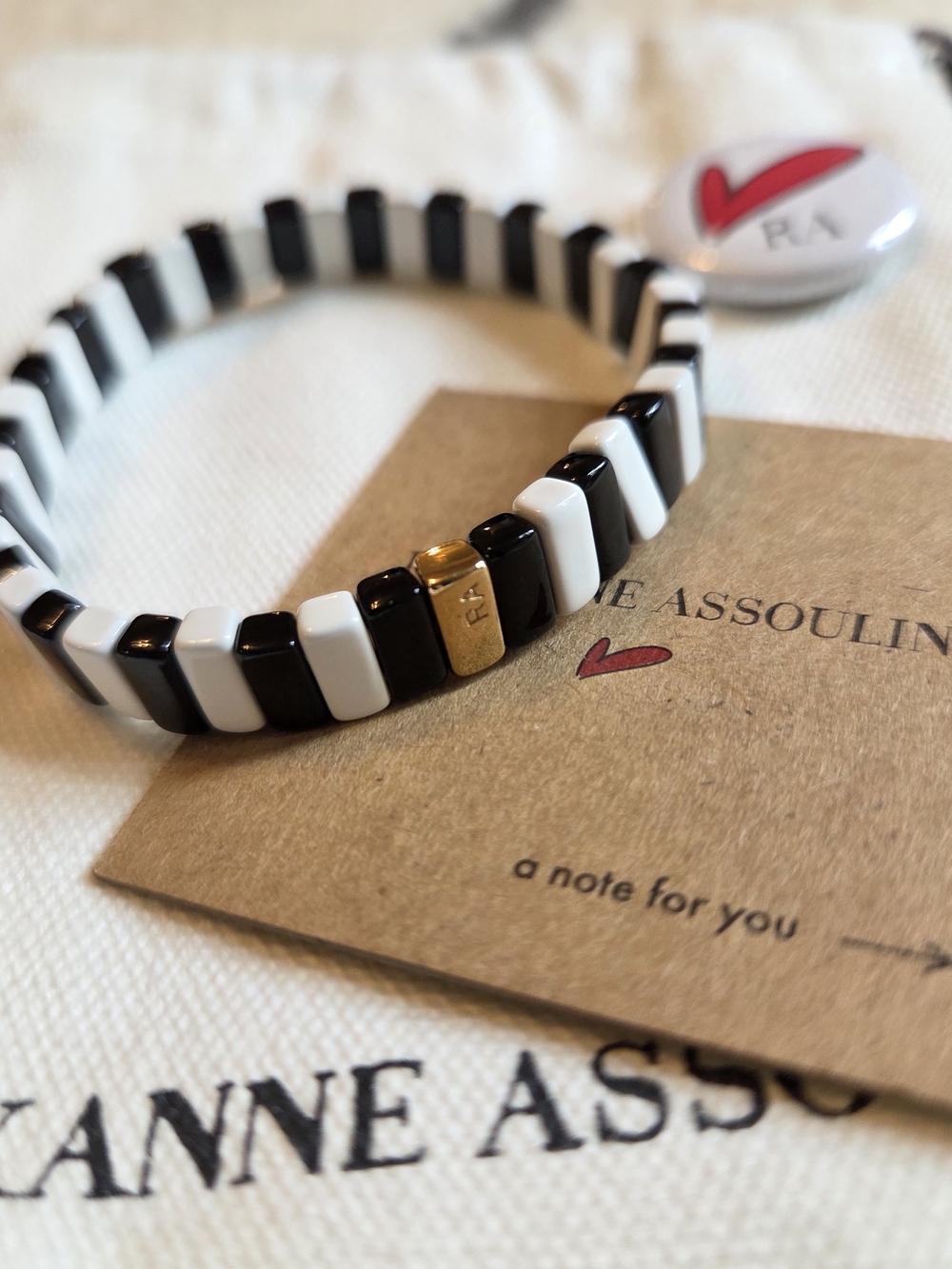 Roxanne Assoulin Black & White Enamel Tile Stretch Bracelet with Gold Accent